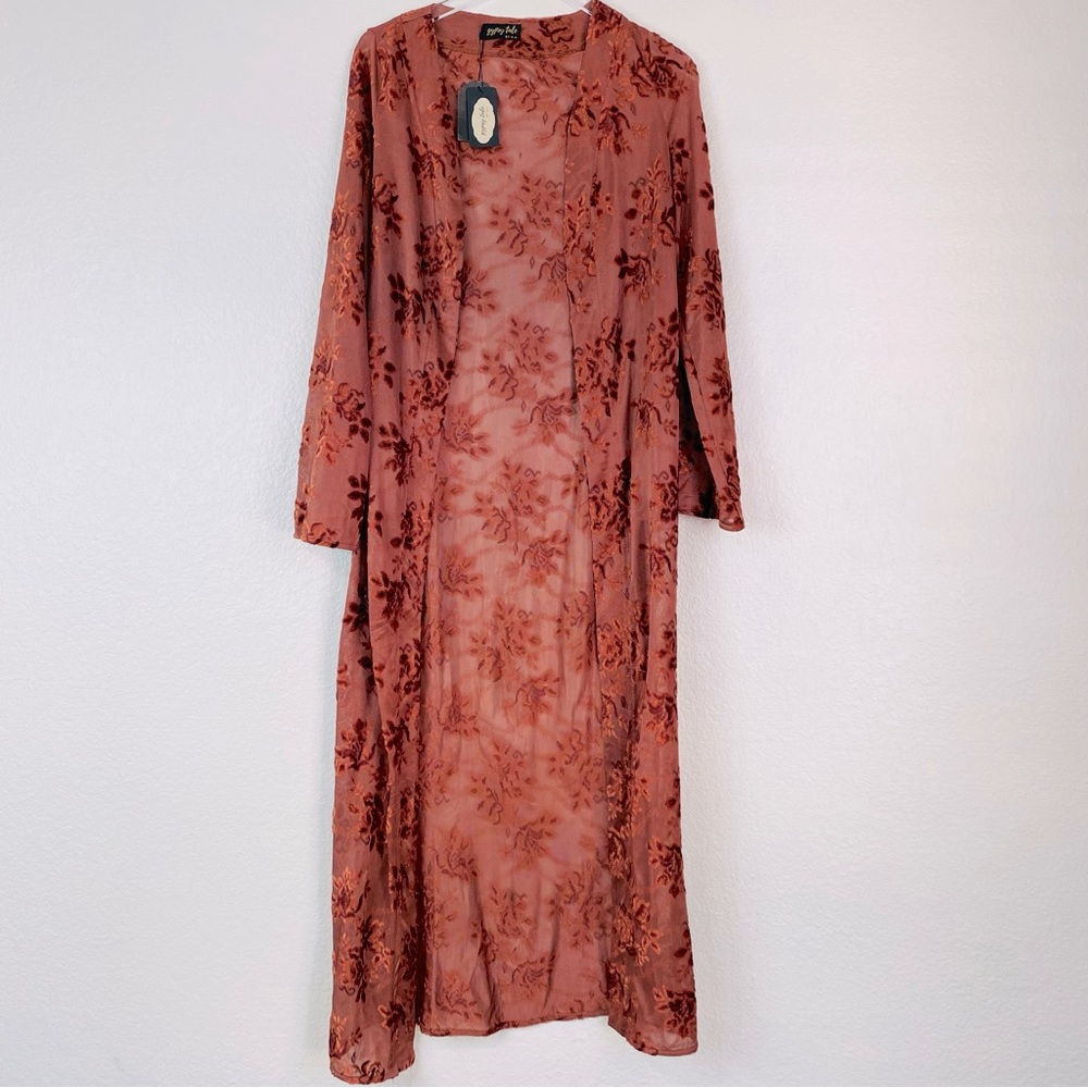 NWT Gypsy Tale By Gia Rust Velvet Burnout Long Kimono/Duster Size S